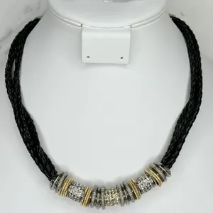 Chico's Rhinestone Silver and Gold Tone Black Braided Cord Necklace ✨ thumbnail 1