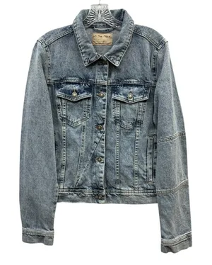 Free People Women's‎ Rumors Seamed Light Wash Denim Classic Jacket Grunge Size L thumbnail 1