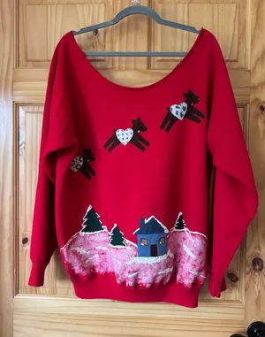 Ugly Christmas Holiday scene oversized off shoulder sweatshirt size XL thumbnail 1