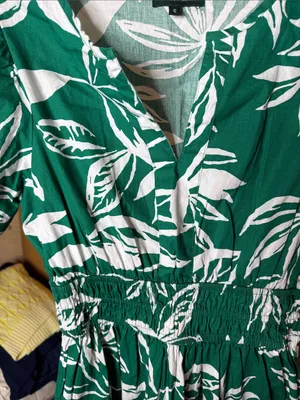 Meadow Rhodes Green White Tropical Leaf Cotton Midi Dress Size Small thumbnail 4
