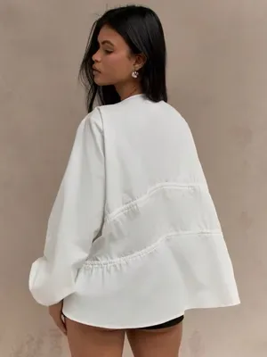 Missguided Tiered Ruched Balloon Long Sleeve Blouse Size L Drawstring Gathered thumbnail 3
