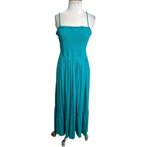 by‎ Anthropologie smocked bodice flounce hem maxi dress turquoise blue Sz XS thumbnail 3