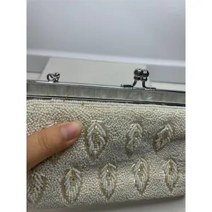 Handmade Vintage Ivory white All Beaded Top Handle Bag With Mother Of Pearl Detailing thumbnail 3