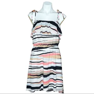Takara Striped Ruffle Popover Tie Strap Midi Dress Pink Beach Boho Size Large thumbnail 2