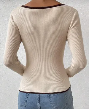 SheIn Contrast Binding Sweetheart Neck Ribbed Knit Long Sleeve Top thumbnail 4