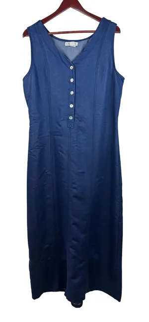 Vintage Cherokee Dress XL Blue Sleeveless Button Front Tie Back Maxi Denim Look thumbnail 1