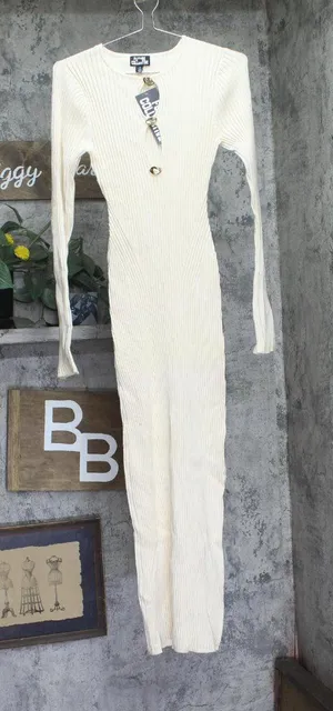 Future Collective Womens Ribbed Maxi Dress Long Sleeve Cream Off White M thumbnail 1
