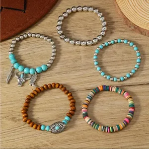 Western Lovely Vibrant Turquoise Stone Beaded Stretch Bracelet Elegant Stackable Brown thumbnail 3