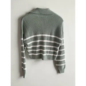 Hollister Sage Green White Striped Ribbed Polo Sweater V-Neck Cropped Small thumbnail 2