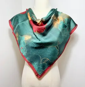 Elegant Square Satin Polyester Scarf with Vibrant Red and Teal Floral Pattern thumbnail 1