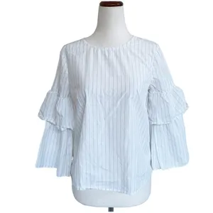 Madewell Tiered‎ Ruffled Flare Accent Sleeves White Grey Striped Blouse - XS thumbnail 6