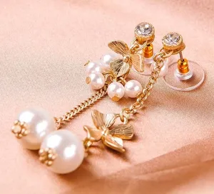 Flower Crystal Pearl Drop Stud Earrings Gold thumbnail 2