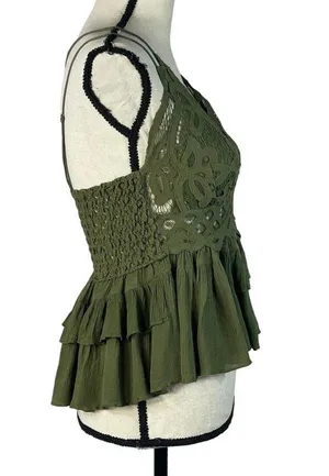Free People Intimately Medium Adella Cami Top Olive Sparrow Ruffled Crochet Lace thumbnail 5