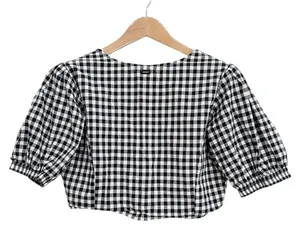 Obey Black/White Checkered Button Down Balloon Short Sleeve Crop Top Cotton sz M thumbnail 2