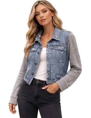 Free People Distressed Denim Jacket Mixed Fabric Knit Sleeve Moto Trucker Size M thumbnail 1