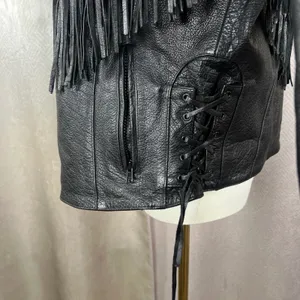 Womens Black Leather Fringe Motorcycle Jacket Red Rose Embroidery Western Size M thumbnail 4