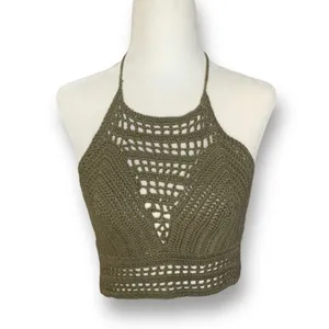 Charlotte Russe Crochet Knit Halter Olive Green Open Back Festival Crop Top‎ Small Forrest Fairy thumbnail 3