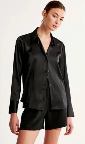 Abercrombie & Fitch Black Satin Long Sleeve‎ Button Down Top thumbnail 1