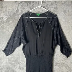 Tibi Black Silk Chiffon Dress Sheer Polka Dot Sleeves Tie Neck Size 2 XS‎ thumbnail 2