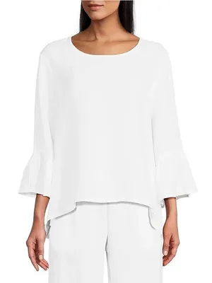 Bryn‎ Walker Fran Light Linen Round Neck Ruffle 3/4 Bell Sleeve High-Low Top thumbnail 1