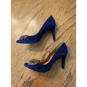 Anthropology Lien Do Blue Suede Pointed Toe Stiletto Pump Pom Pom Slip On US 7 thumbnail 6