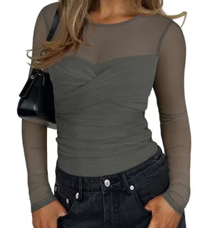 NWT REORIA Women’s Sheer‎ Mesh Long Sleeve Front Twist Knot Ruched Top - Large thumbnail 1