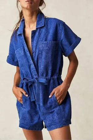 FREE PEOPLE Rhodes Chino Coveralls Romper in Mazarine Blue size Small thumbnail 1