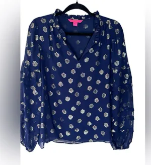 Lilly Pulitzer Giana Silk Top Navy and Gold V Neck Balloon Puff Long Sleeve SZ S thumbnail 1