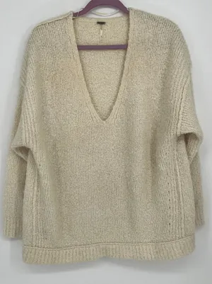 Free People Alpaca Blend Oversized‎ VNeck Chunky Knit Sweater Women S Cream Boho thumbnail 1