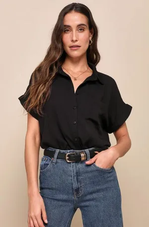 Lulus Black Short Sleeve Button-Up Top thumbnail 1