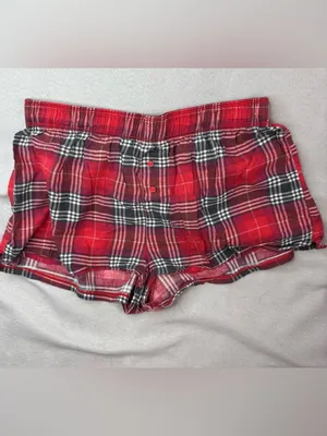 PINK Victoria's Secret XS Spellout Red Plaid Boxer Lounge Shorts with Gold Logo thumbnail 4