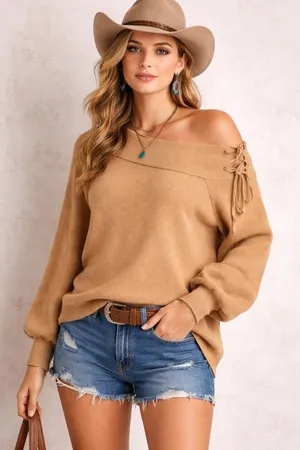 ✨🤠 UMGEE Off Shoulder Lace Up Western Boho Knit Sweater Tan Small 🤠✨‎ thumbnail 1