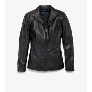 Cole Haan Womens Black Genuine‎ Lambskin Leather Wing Collar Zip Jacket Medium thumbnail 3