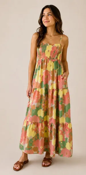 Floral Tiered Maxi Dress Pink‎ Yellow Green Smocked Back Pockets Sleeveless thumbnail 1