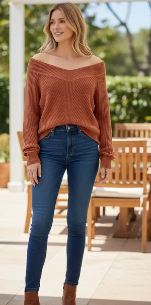 Abercrombie & Fitch Brown Knit Pullover Off The Shoulder V-Neck Sweater Size L thumbnail 1
