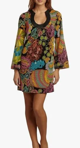 Trina Turk Floral Colorful Silk Black Tunic Dress 4 Colorful‎ Tropical Designer thumbnail 1