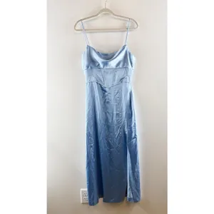 ZARA Satin Corset Style Top Sleeveless Maxi Slip Dress with Slit Sky Blue Medium thumbnail 3