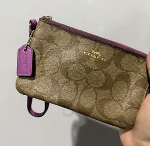 Coach Double Zip Large Wristlet Khaki /purple Signature P thumbnail 1