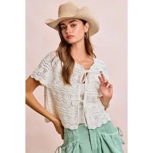 BiBi Front Bow Tie Detail Pointelle Knit Top - Ivory - XL thumbnail 3