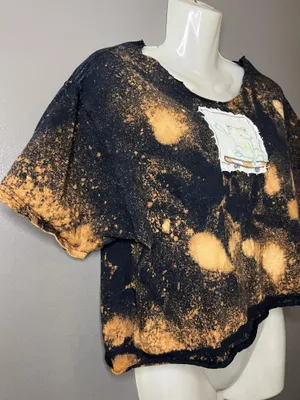 Fruit of the Loom Custom Frog Graphic Cropped Top Shirt Womens Medium Black Bleach Dye Festival thumbnail 3