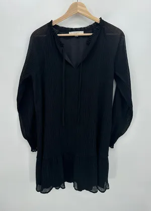 Loft Pleated Tie Neck Dress Womens Medium‎ Black Long Sleeve Knee Length BW18 thumbnail 1