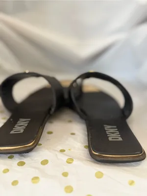 DKNY Black Leather Slide Sandals with Gold Accents thumbnail 3