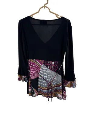 Suzie In The City Black Tunic babydoll ruffle L top Y2K abstract mixed prints thumbnail 2
