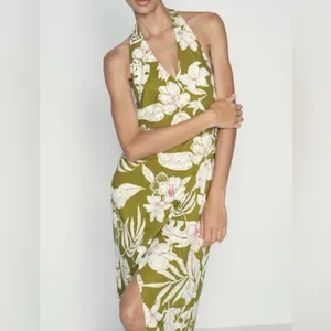 NEW Zara Linen Floral Tropical Halter Neck Maxi Dress Green Khaki White Pink XS thumbnail 2