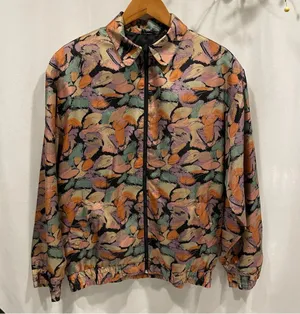 Funky vintage pastel earth tones silk Oleg Cassini track jacket pockets thumbnail 1