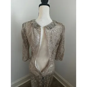 Teri Jon Gold Lace Beaded Neck Mermaid Gown Size 8 Vintage Designer Sheer Dress thumbnail 6