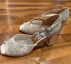 Bridal Smilee Block Heels Women 39 Ivory Pearl Rhinestone Peep Toe Strap Wedding thumbnail 1