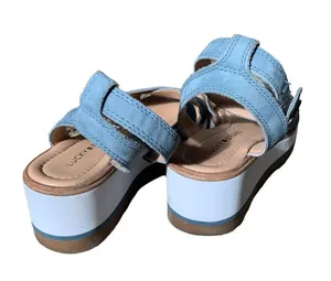 Lucky brand colorblock platform stacked chunky sandals denim blue leather white thumbnail 2
