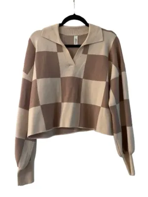 Mahina COlor Block Neutral Crop Collared Sweater Top Size Small Check thumbnail 1