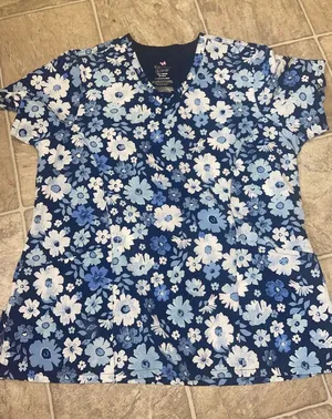 Floral Blue Scrub Top Size L thumbnail 1